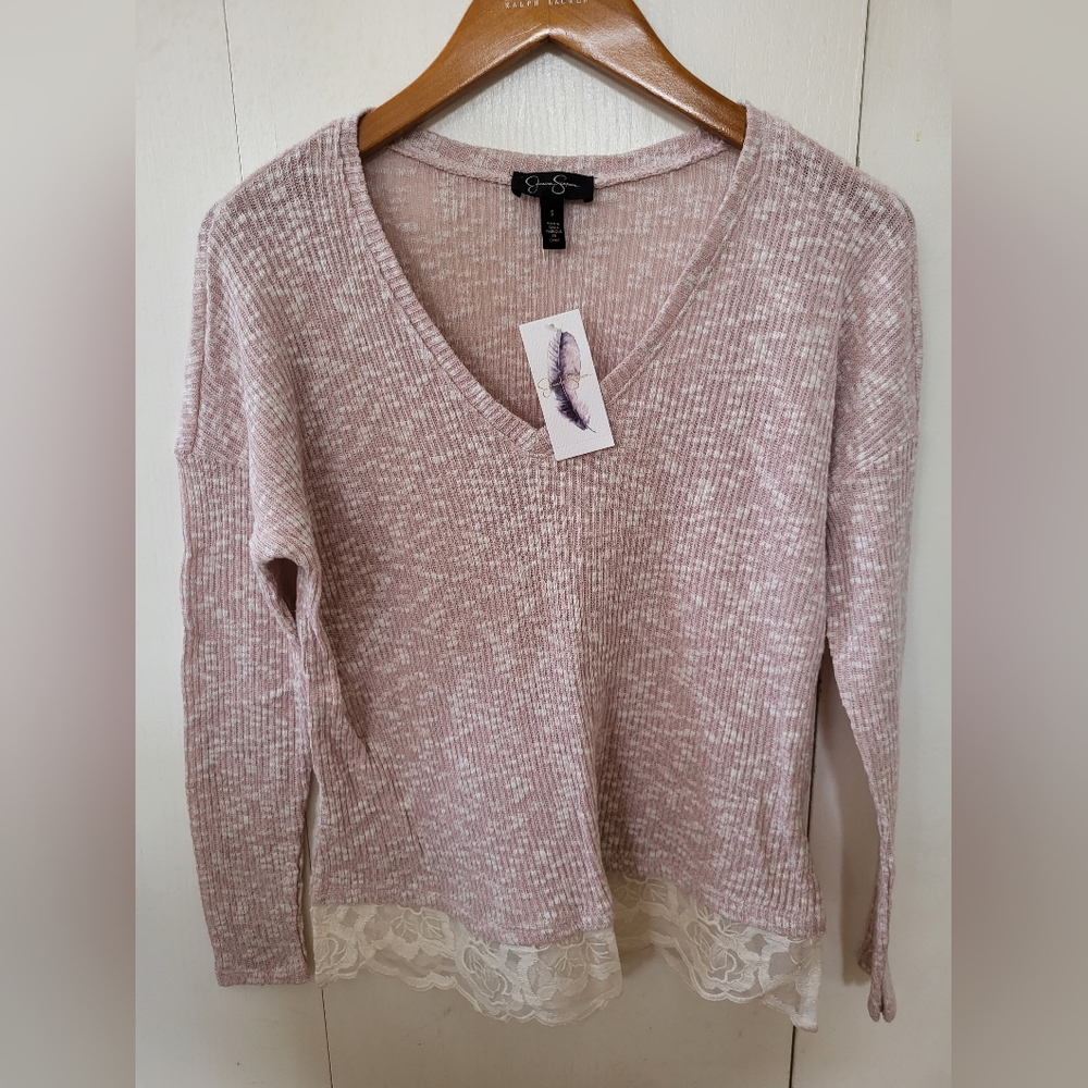 NWT Jessica Simpson Pink/White Sweater With Lace Sz S